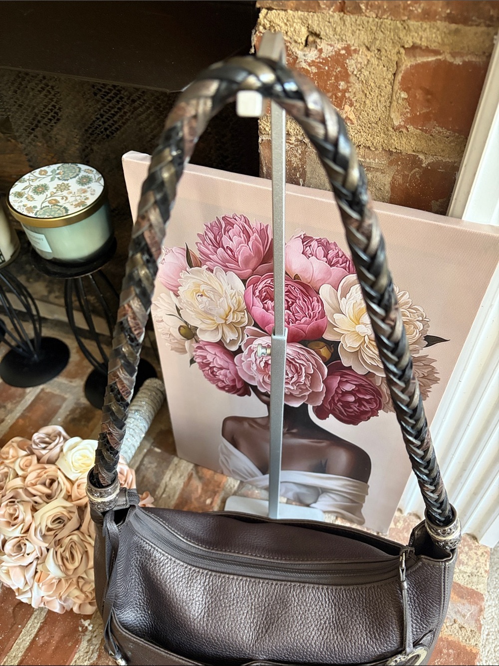 Brighton Dark Brown Pebbled Leather Braided Shoulder Hobo Bag Heart Tassel - Picture 6 of 9